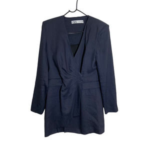 Women's Zara Draped Jacket Style Linen Dress Navy Blue Size XL